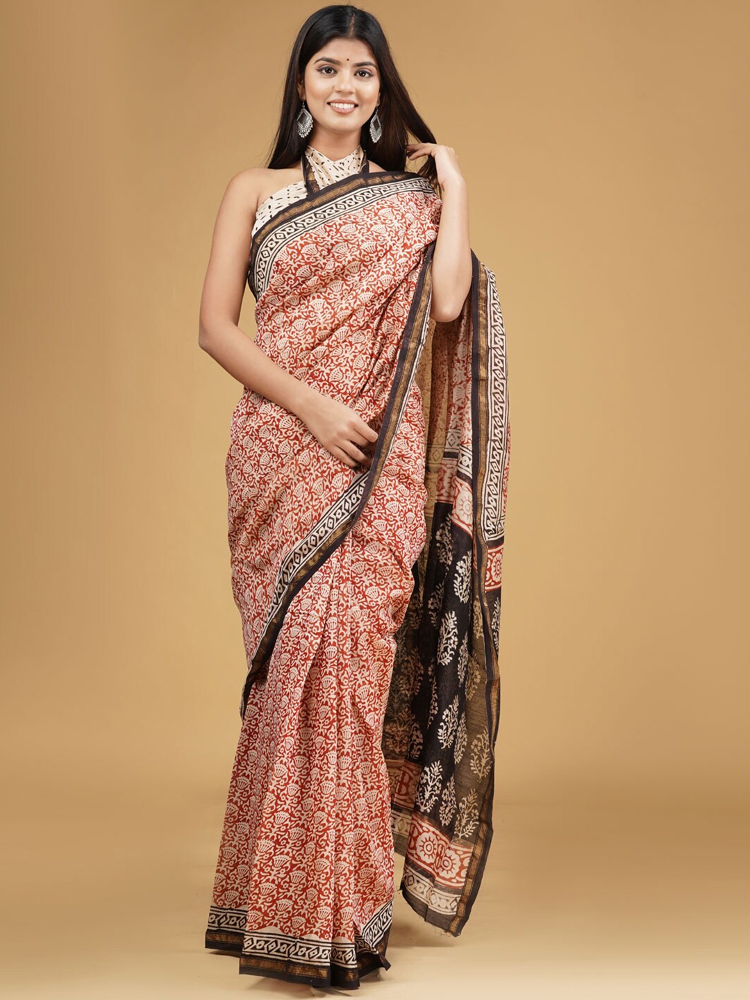 

KALINI Floral Printed Pure Cotton Saree, Rust