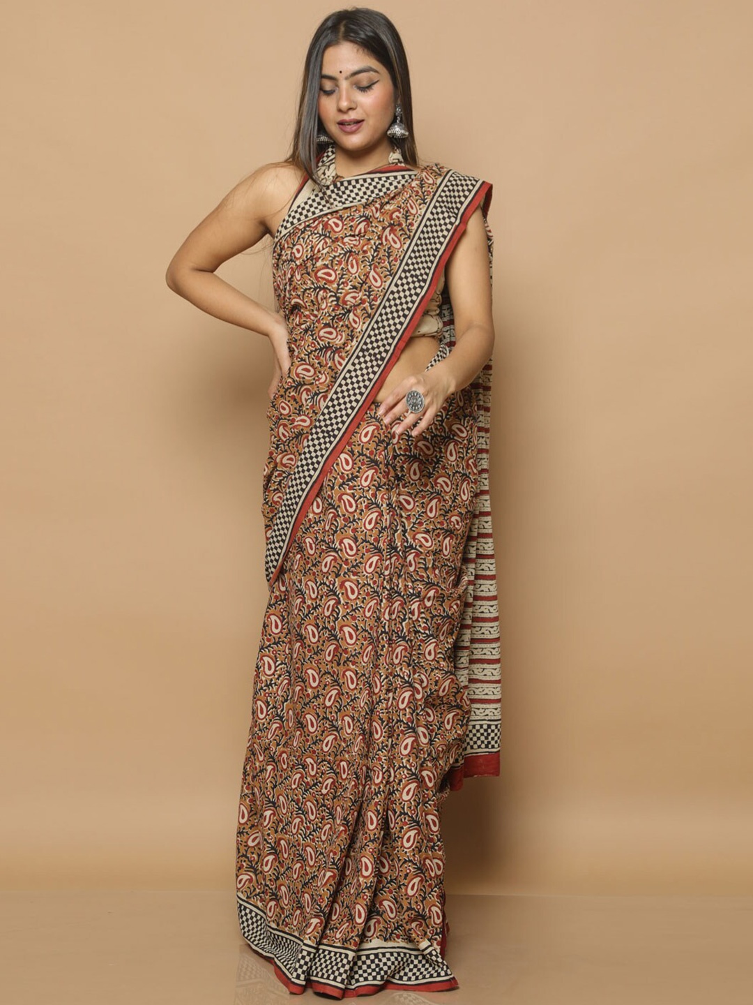 

KALINI Paisley Printed Pure Cotton Saree, Brown