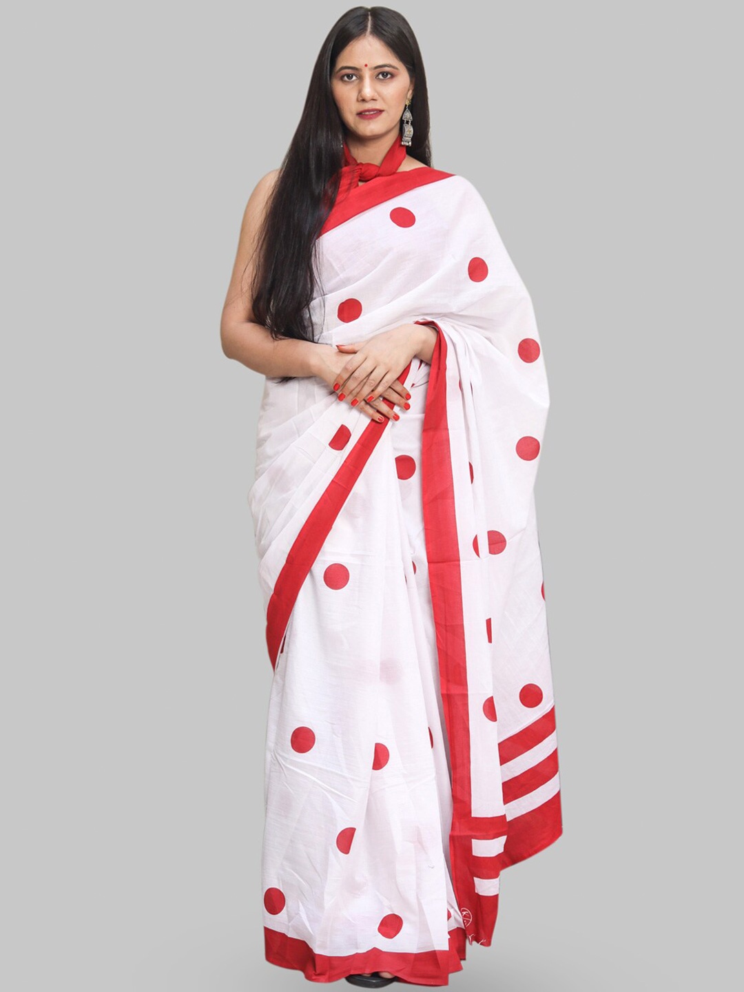 

KALINI Polka Dot Printed Pure Cotton Saree, Red