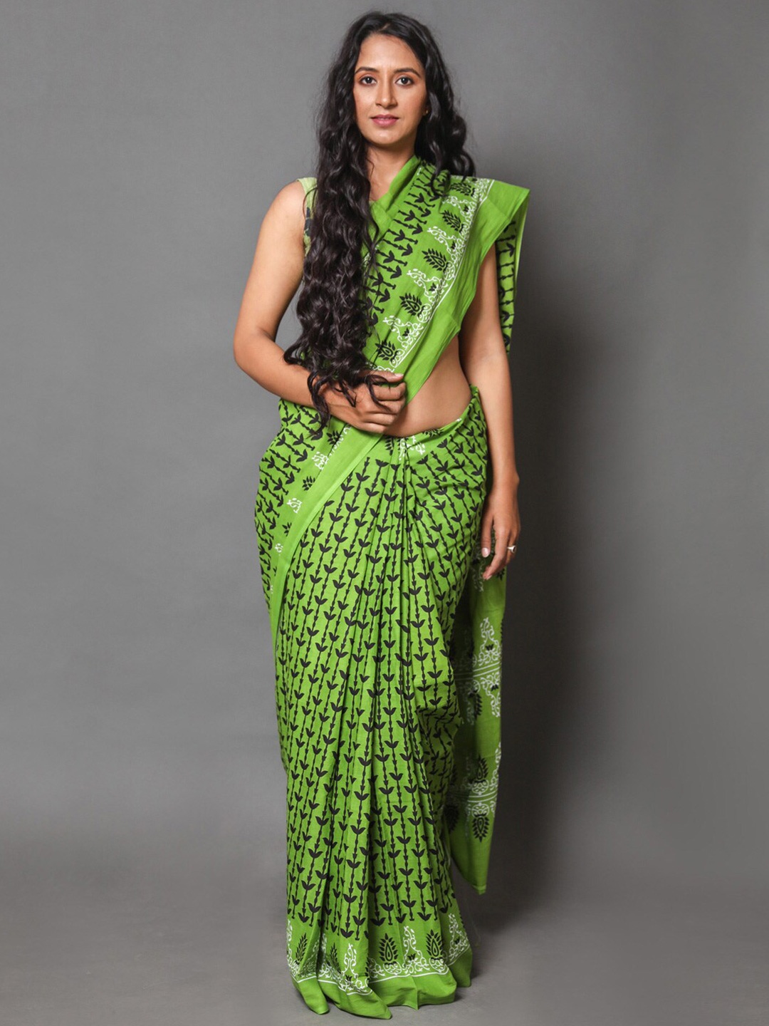 

KALINI Ethnic Printed Pure Cotton Saree, Green