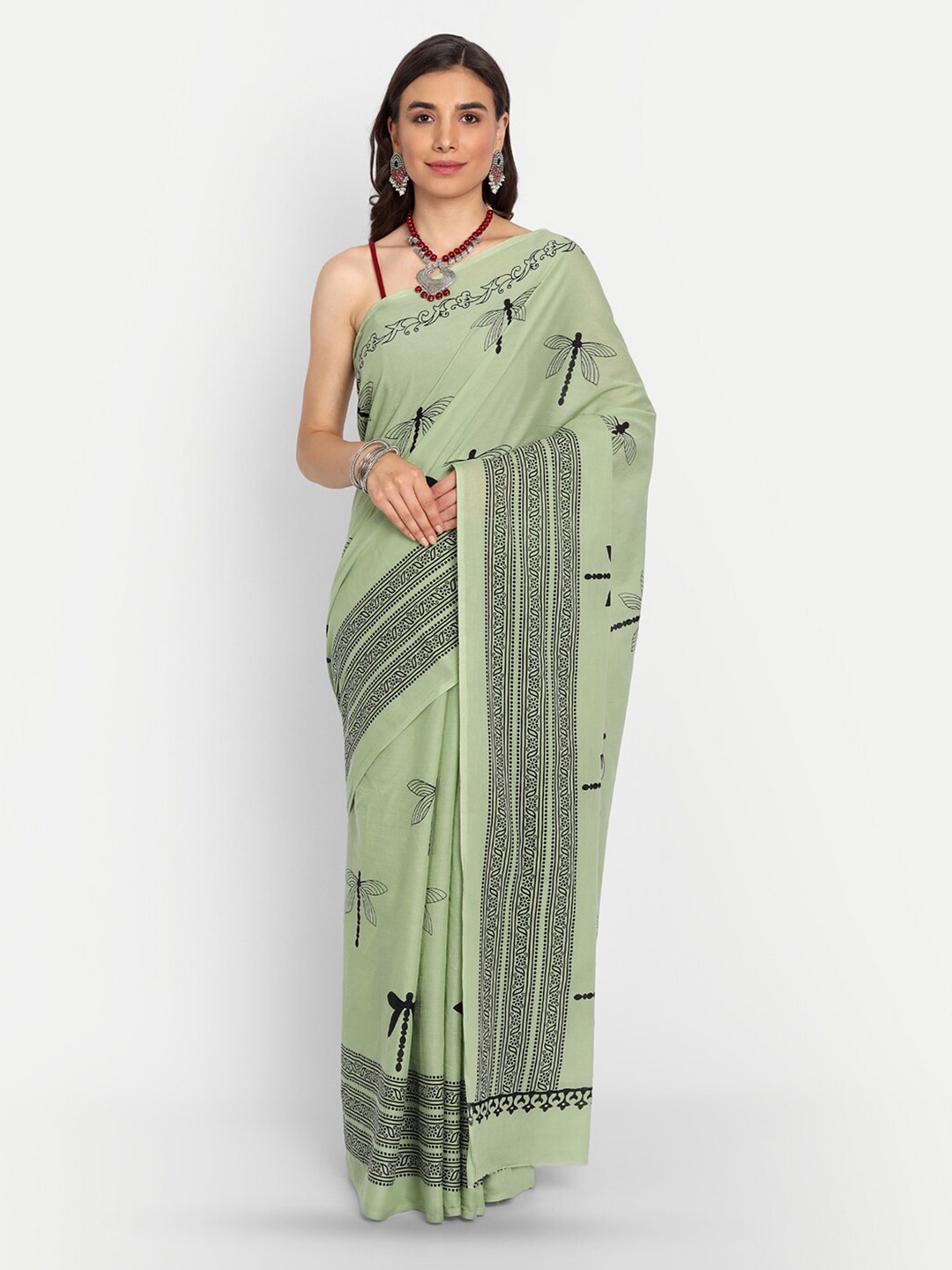 

KALINI Ethnic Motifs Printed Pure Cotton Saree, Green
