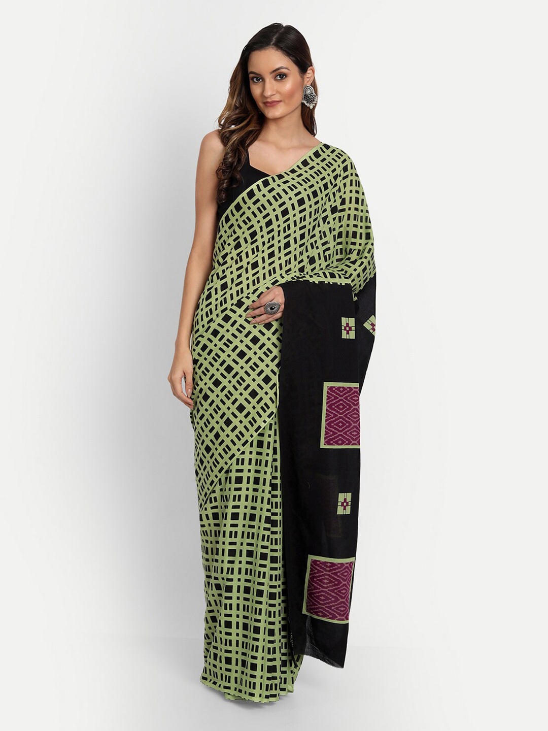 

KALINI Geometric Printed Pure Cotton Saree, Green