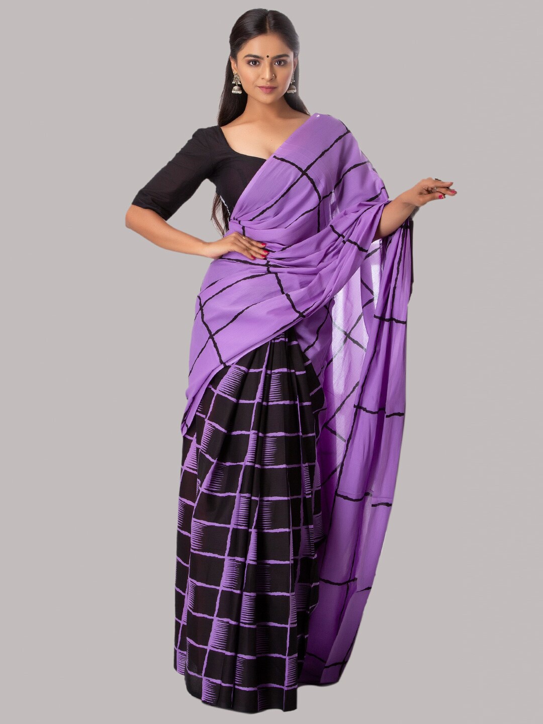 

KALINI Checked Pure Cotton Saree, Purple