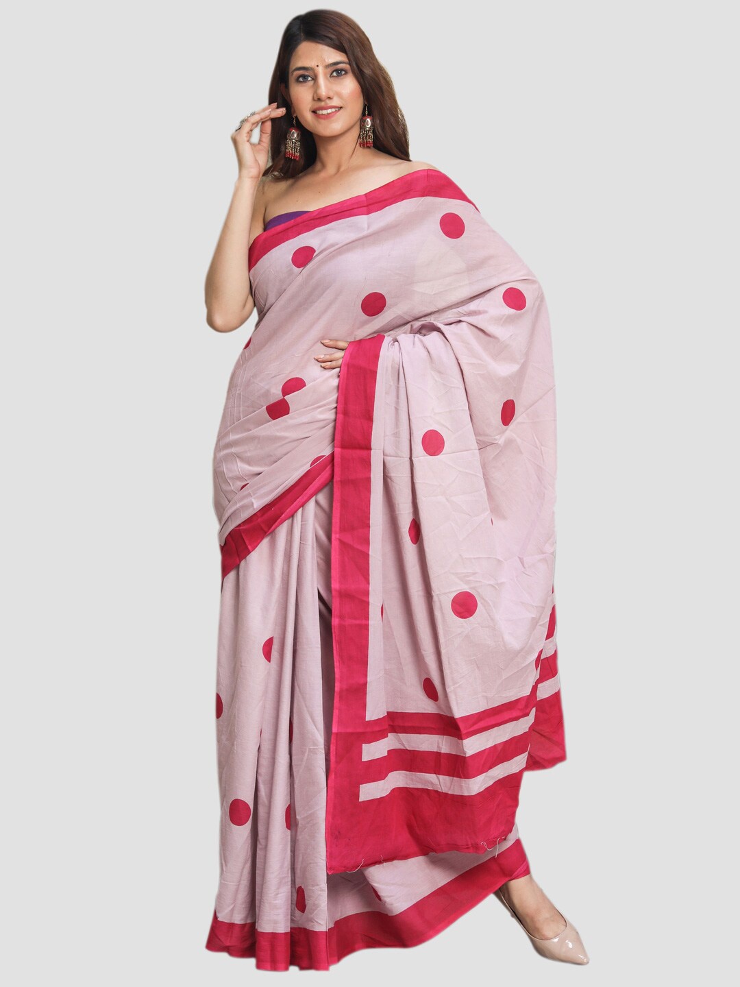 

KALINI Polka Dot Printed Pure Cotton Saree, Pink