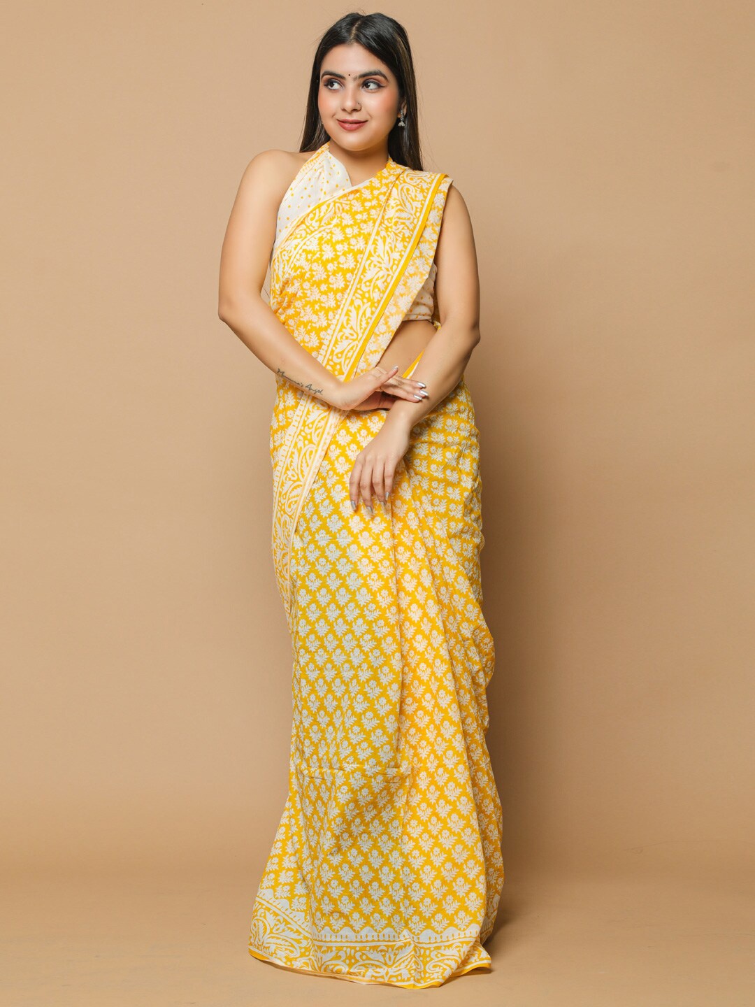 

KALINI Ethnic Motifs Printed Pure Cotton Saree, Yellow