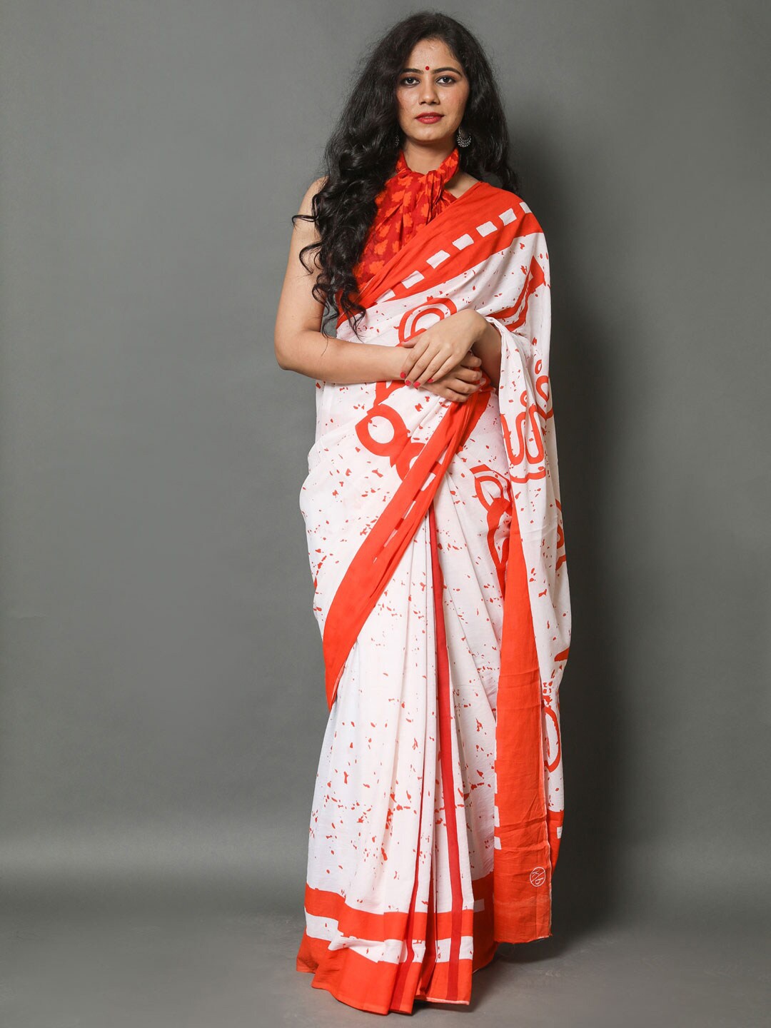 

KALINI Abstract Printed Pure Cotton Saree, Orange