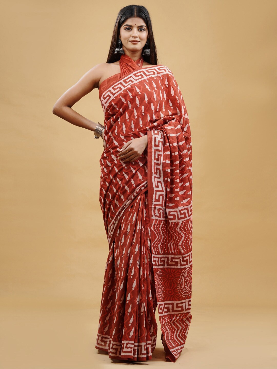 

KALINI Ethnic Motifs Printed Pure Cotton Saree, Red