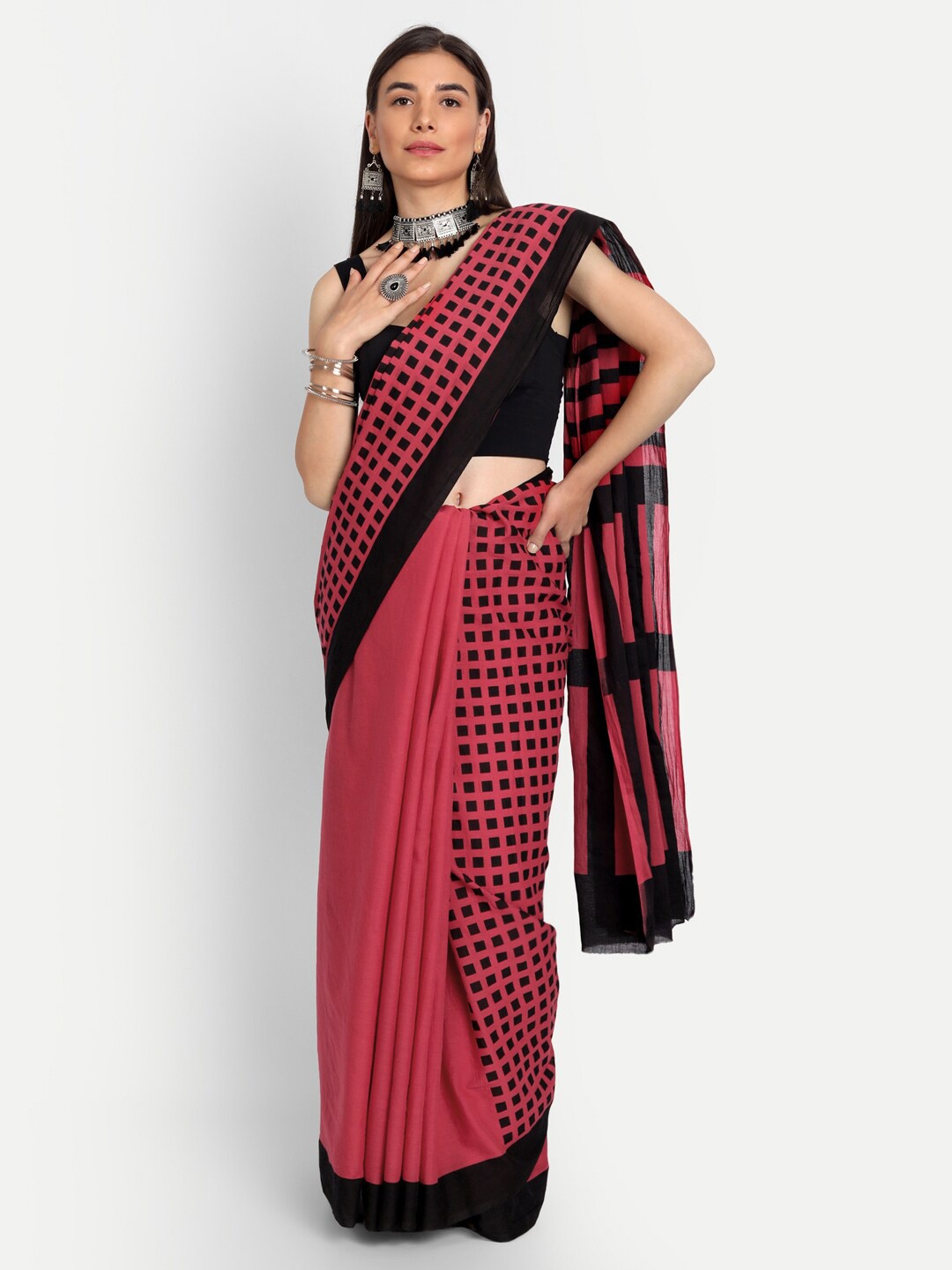

KALINI Checked Pure Cotton Saree, Red