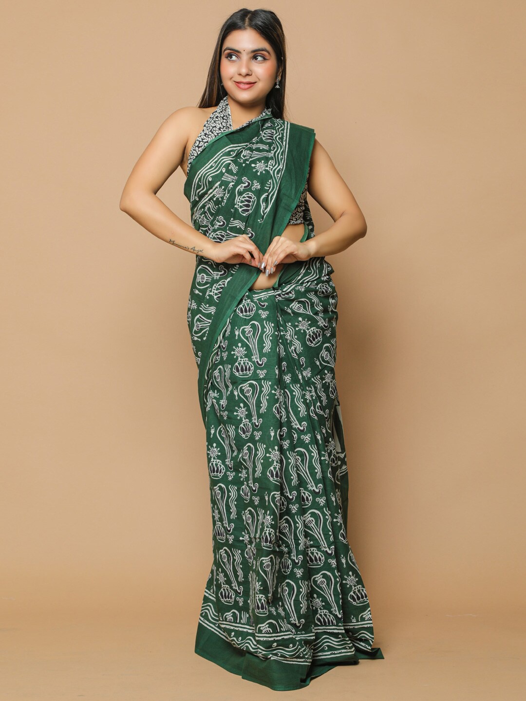 

KALINI Ethnic Motifs Printed Pure Cotton Saree, Green