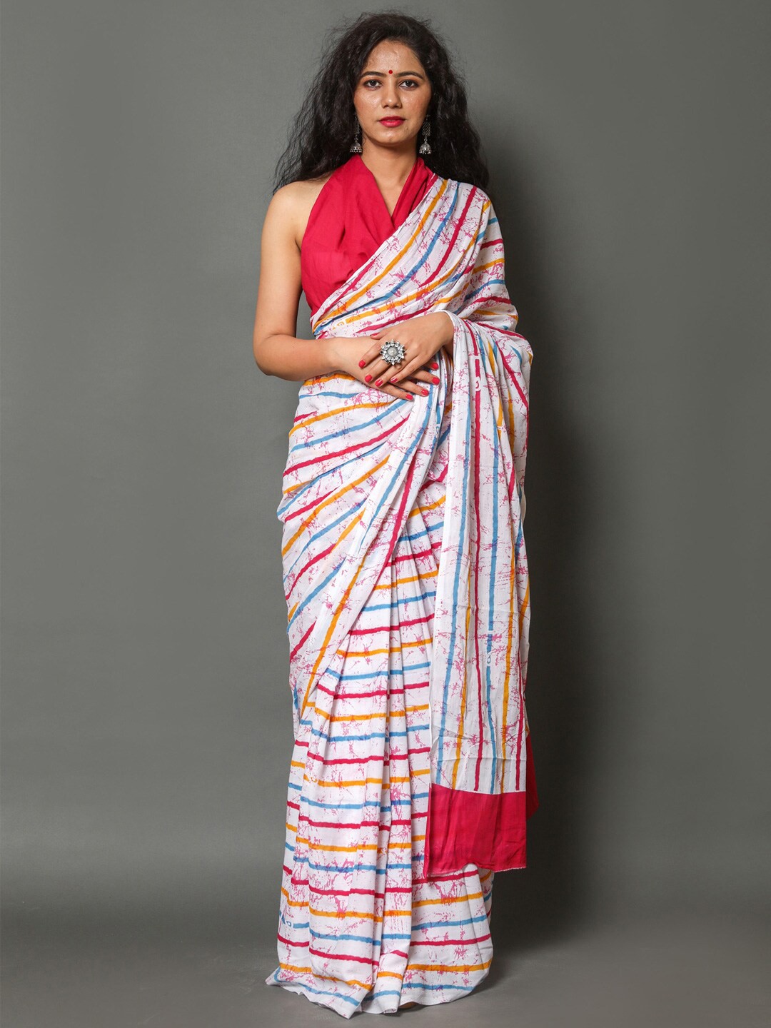

KALINI Striped Pure Cotton Saree, Red