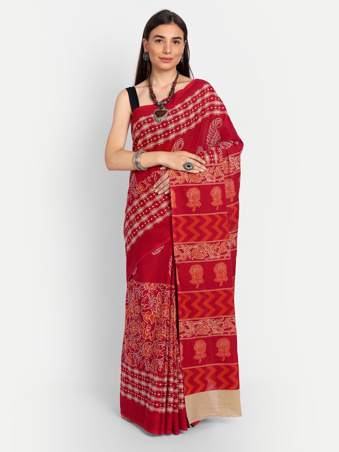 

KALINI Ethnic Motifs Printed Pure Cotton Saree, Red