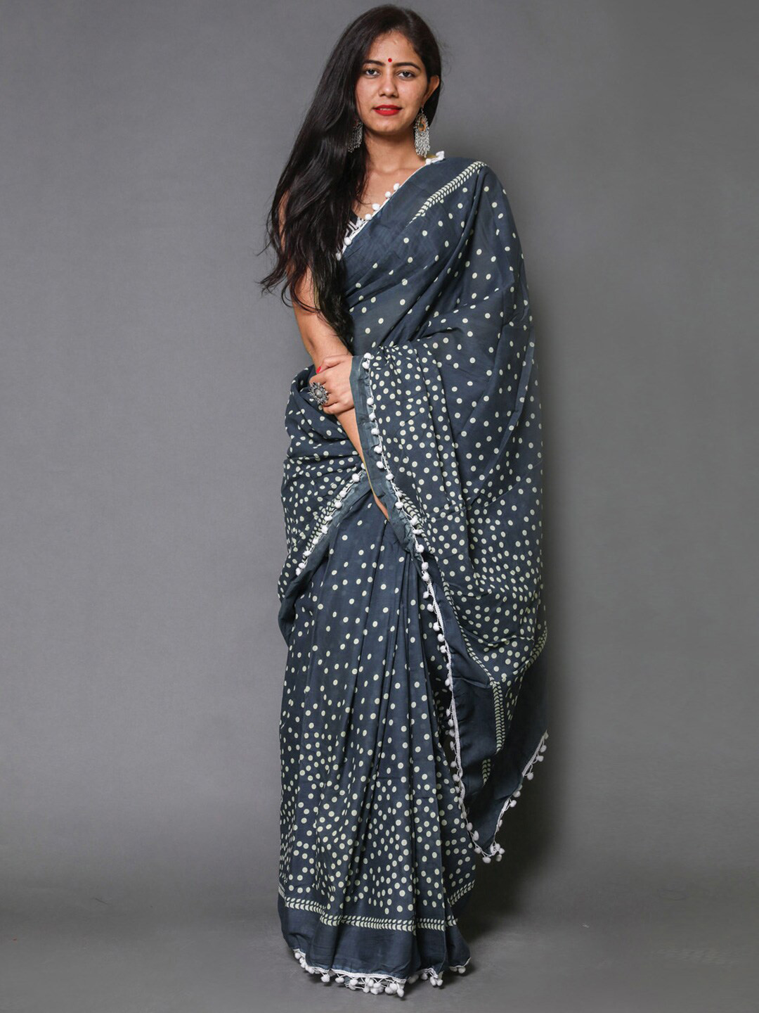 

KALINI Polka Dot Pure Cotton Saree, Navy blue