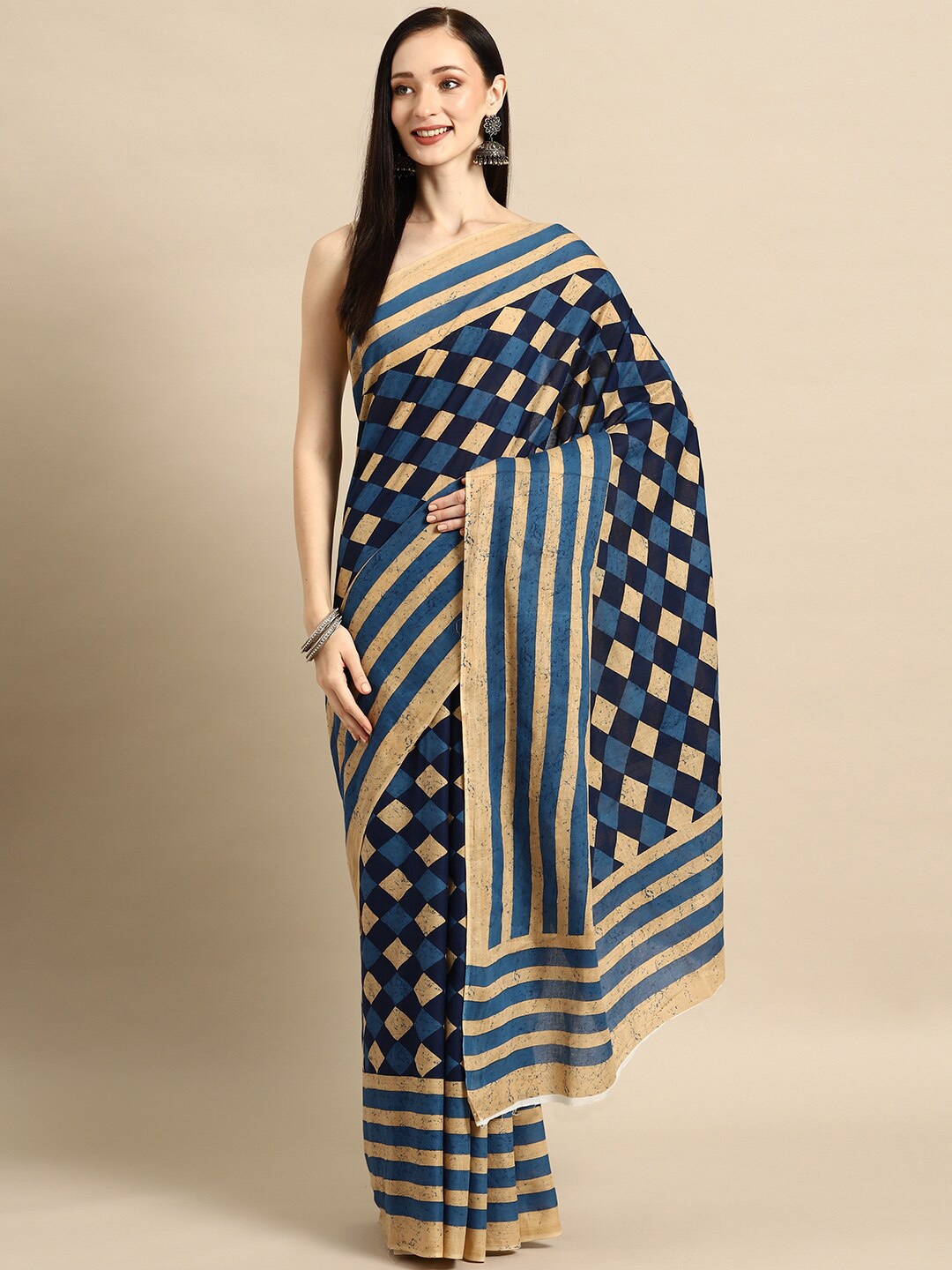 

KALINI Checked Pure Cotton Saree, Beige