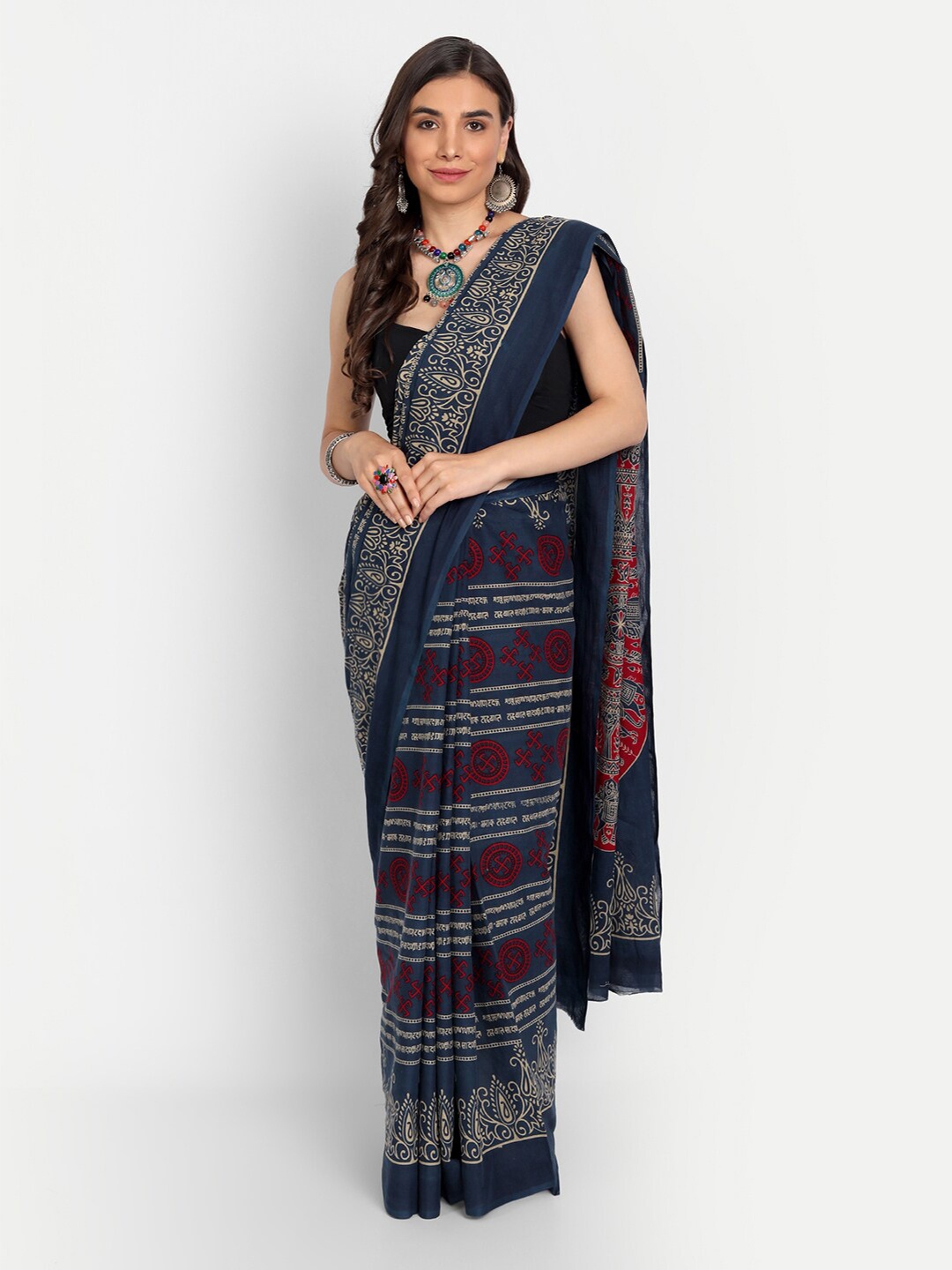 KALINI Ethnic Motifs Printed Pure Cotton Saree, Navy blue