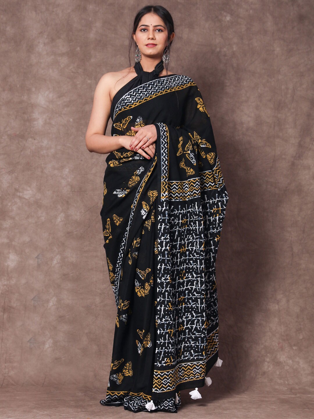KALINI Ethnic Motifs Printed Pure Cotton Saree, Black