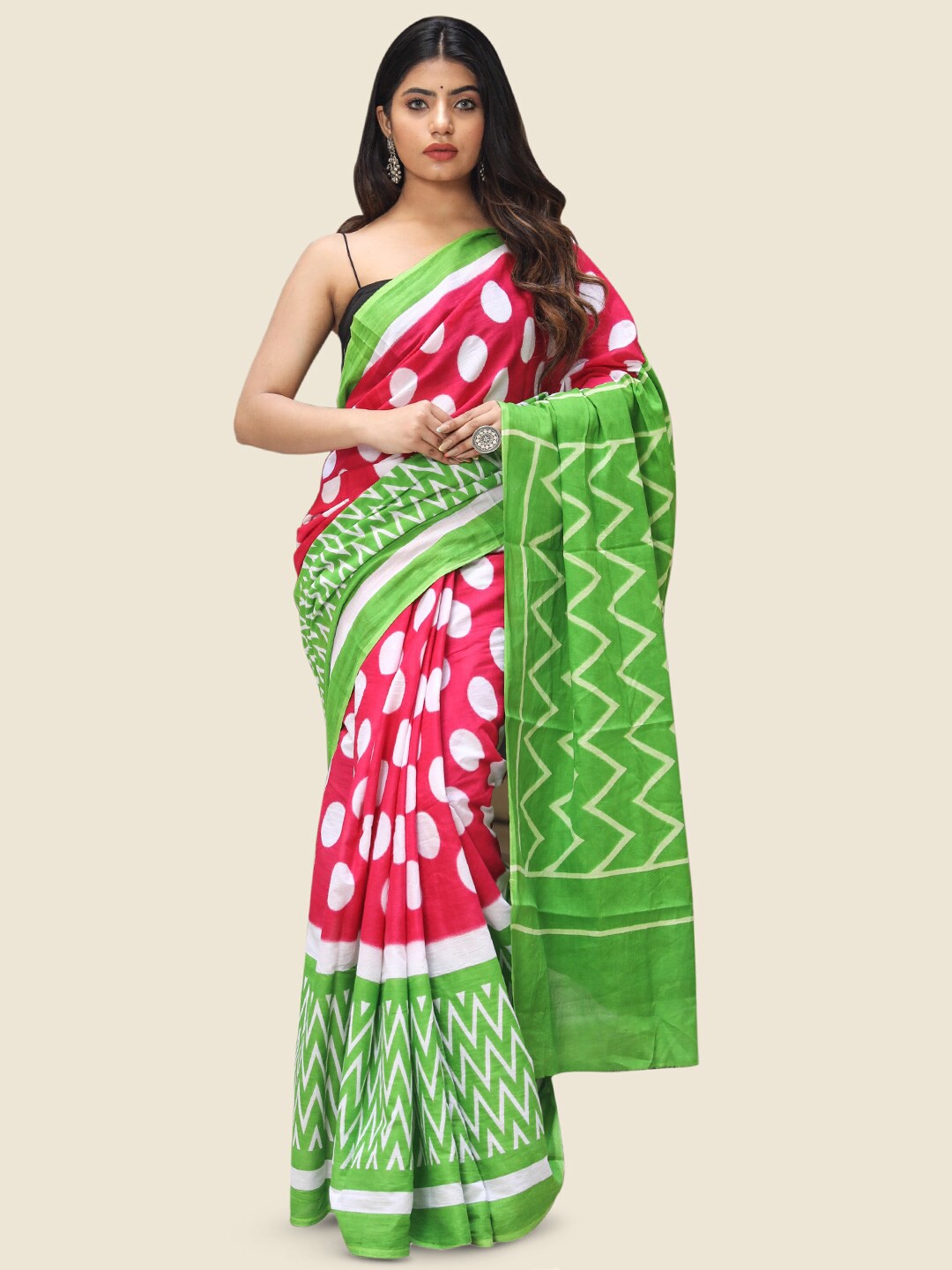

KALINI Polka Dot Printed Pure Cotton Saree, Red