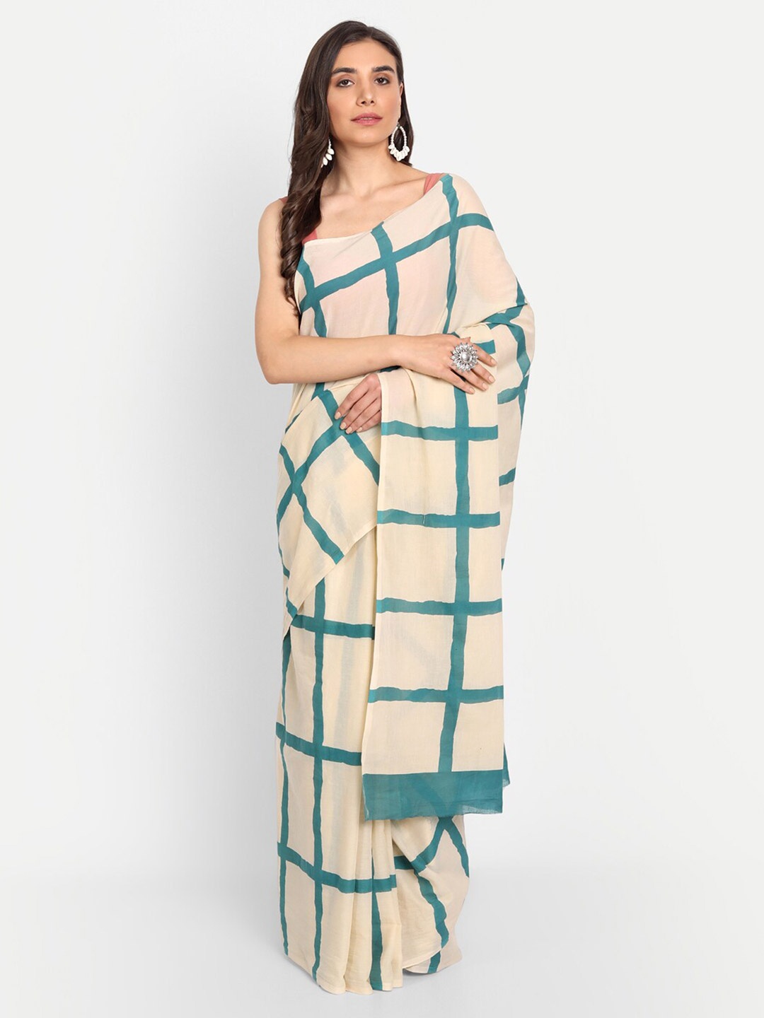 

KALINI Checked Pure Cotton Saree, Teal