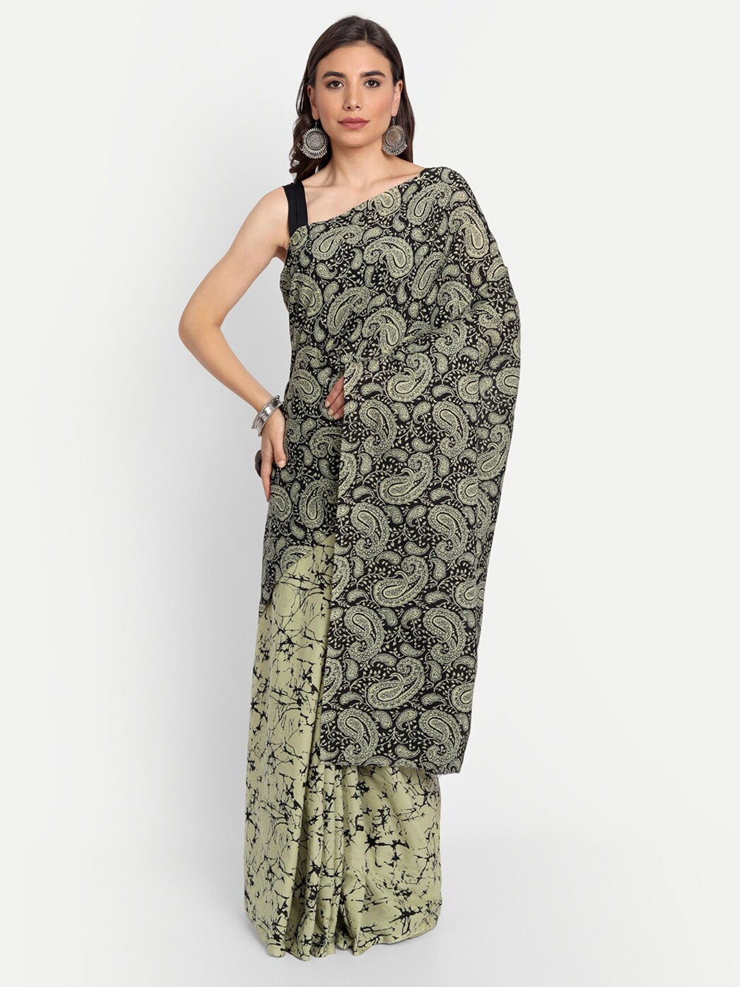 

KALINI Paisley Printed Pure Cotton Saree, Green