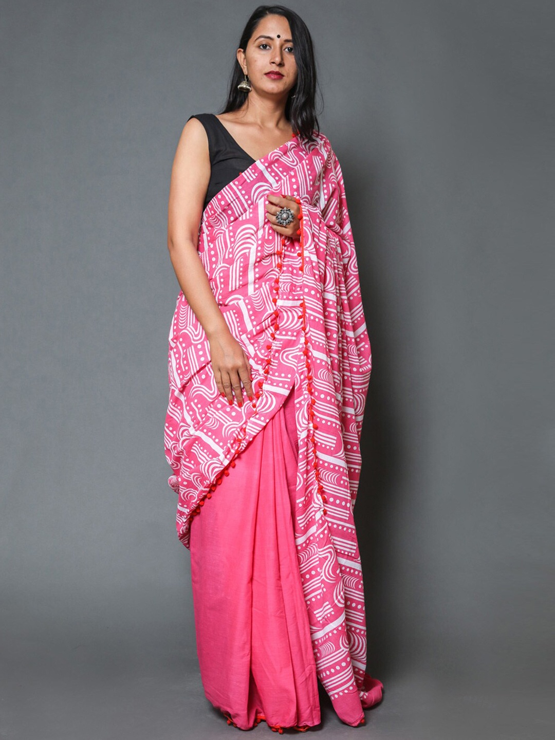 

KALINI Geometric Printed Pure Cotton Saree, Pink