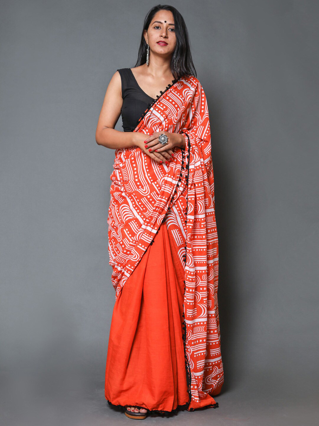 

KALINI Printed Pure Cotton Saree, Orange