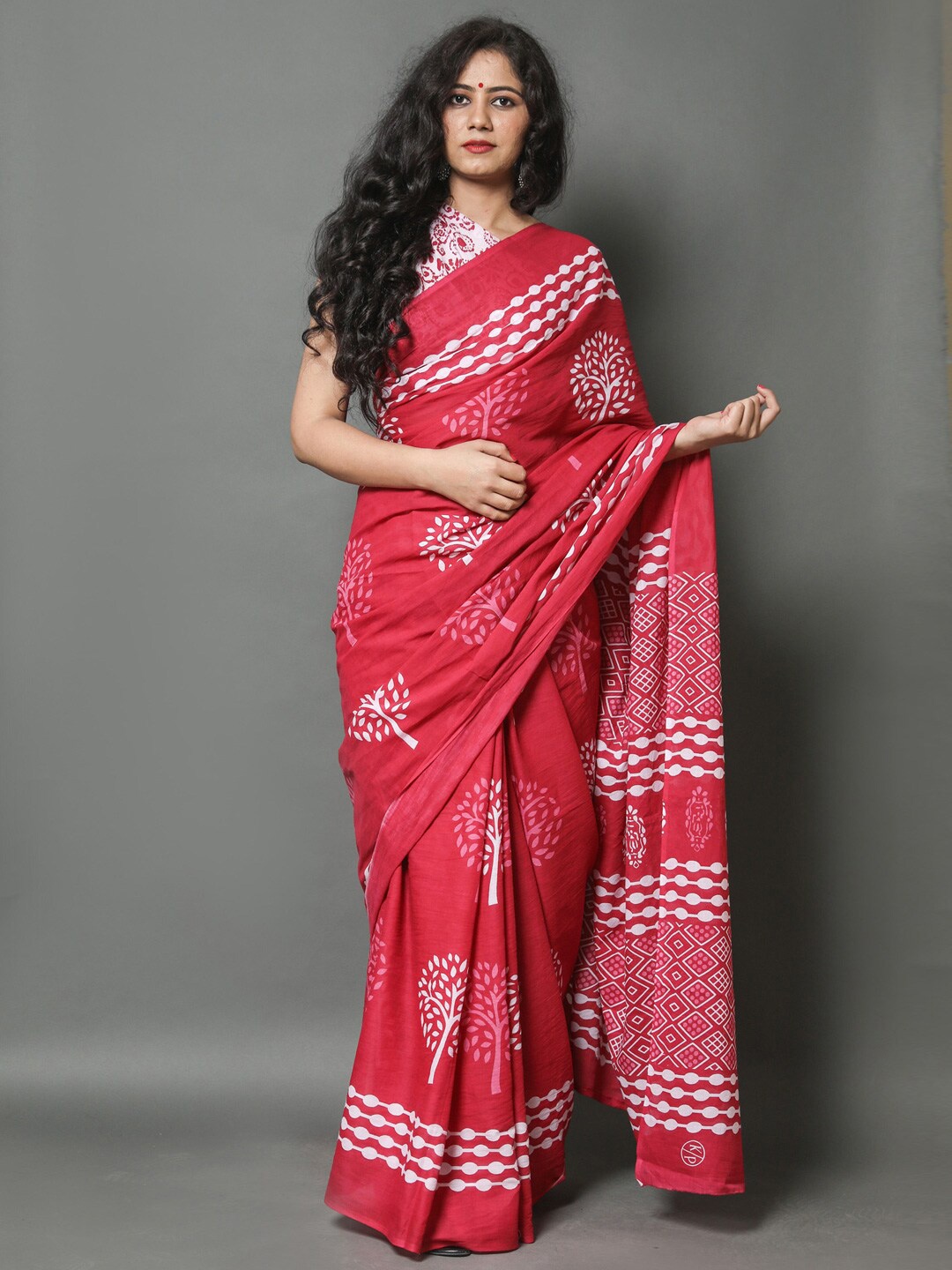 KALINI Floral Printed Pure Cotton Saree, Pink