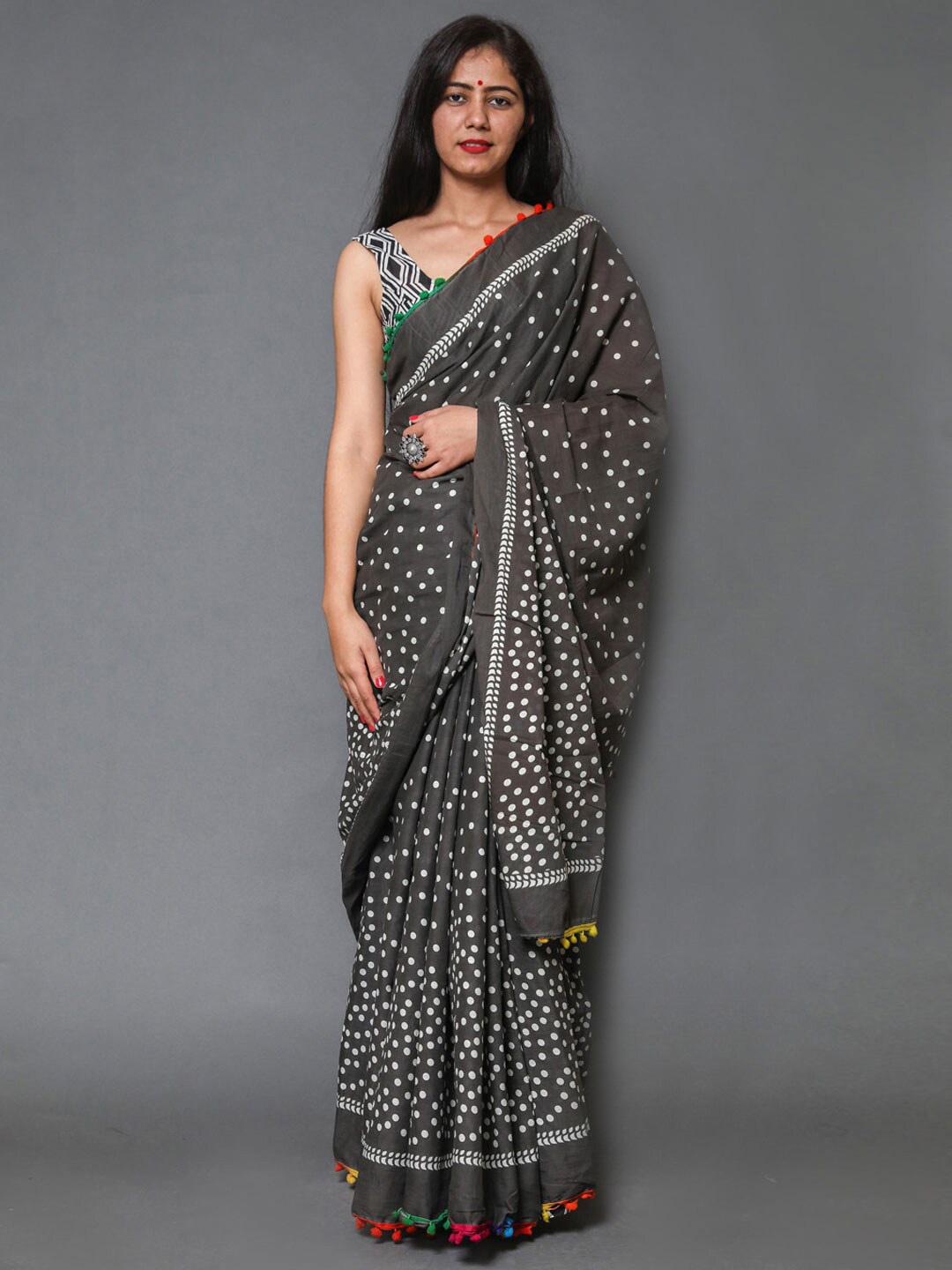 

KALINI Polka Dot Printed Pure Cotton Saree, Brown