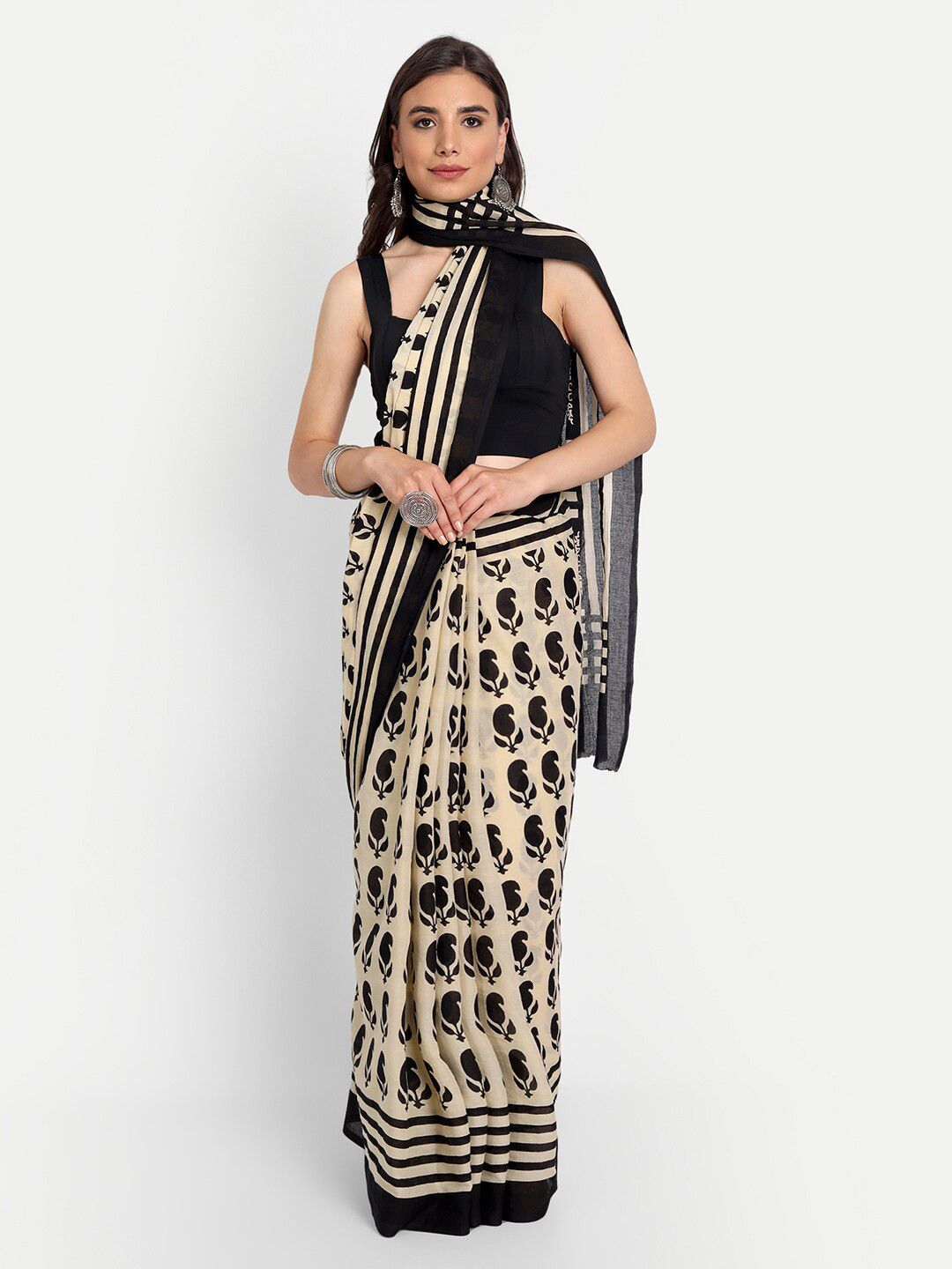 

KALINI Ethnic Motifs Printed Pure Cotton Saree, Beige