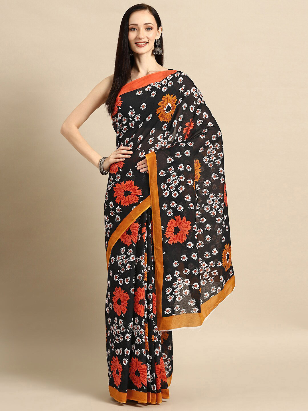 

KALINI Floral Printed Pure Cotton Saree, Black