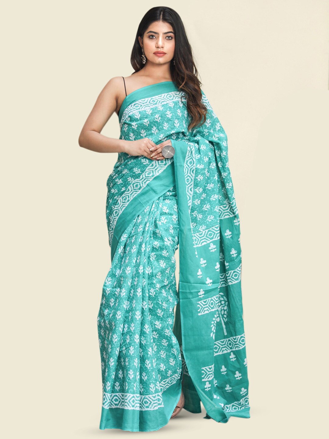 

KALINI Floral Printed Pure Cotton Saree, Teal
