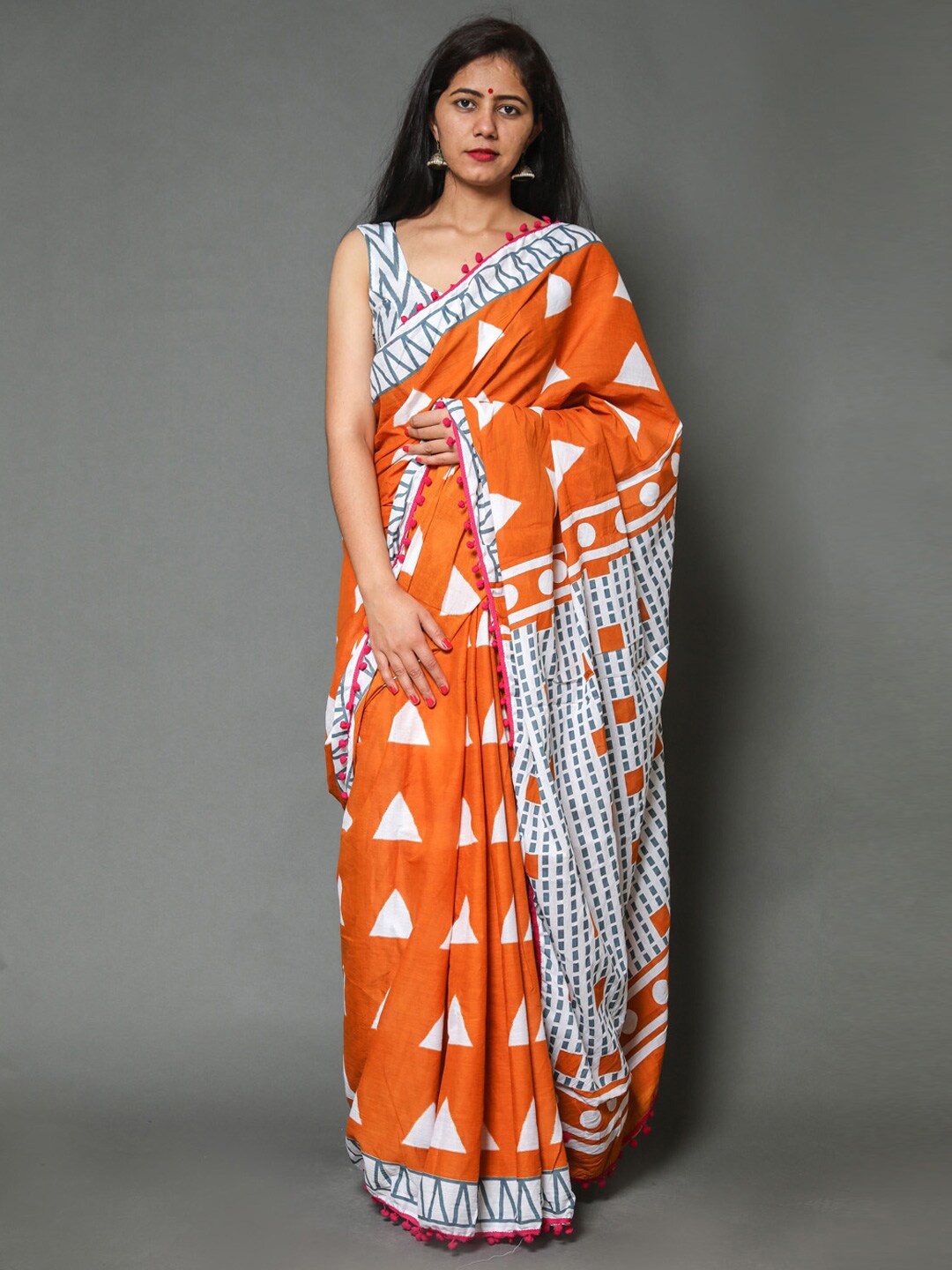 

KALINI Printed Pure Cotton Saree, Orange