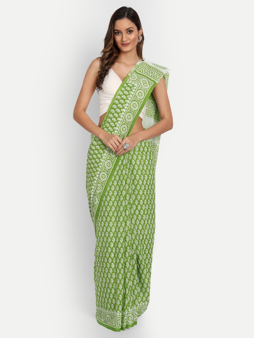

KALINI Ethnic Motifs Printed Pure Cotton Saree, Green