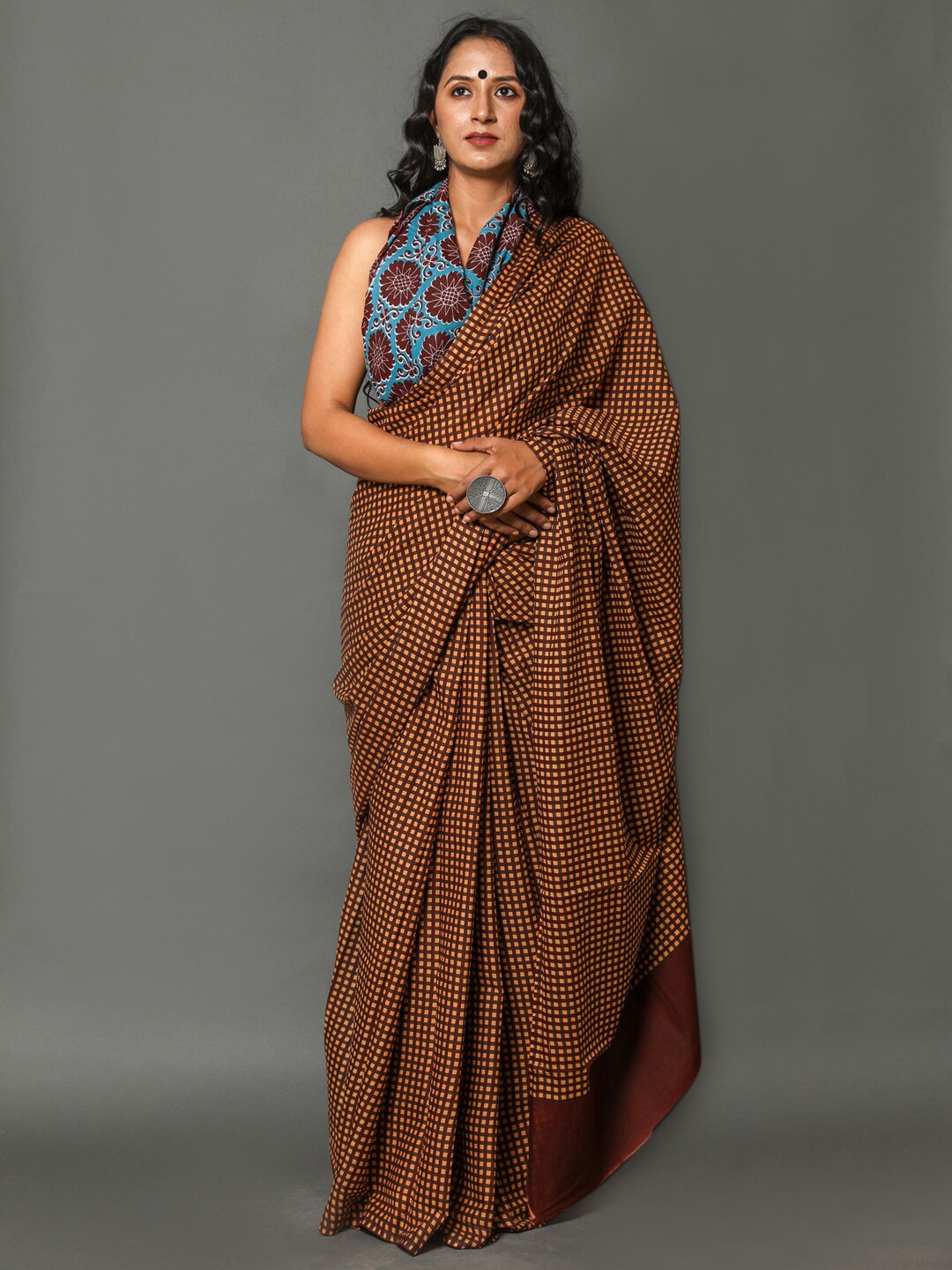 

KALINI Checked Pure Cotton Saree, Mustard