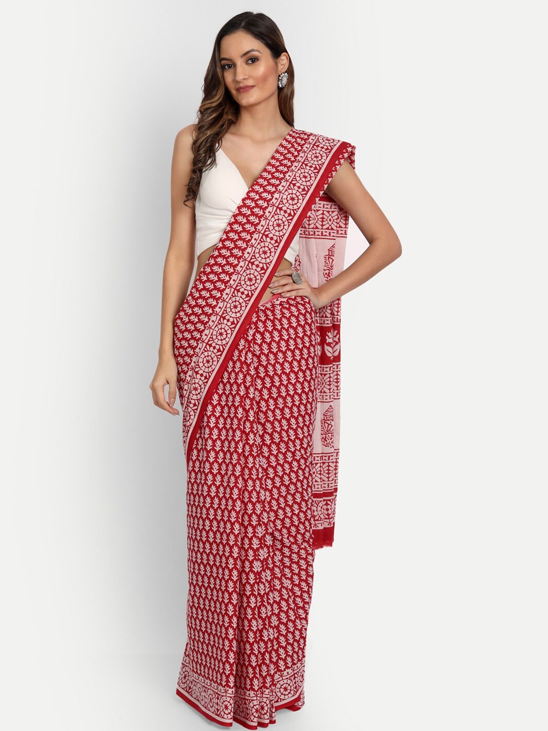 KALINI Floral Printed Pure Cotton Saree, Red