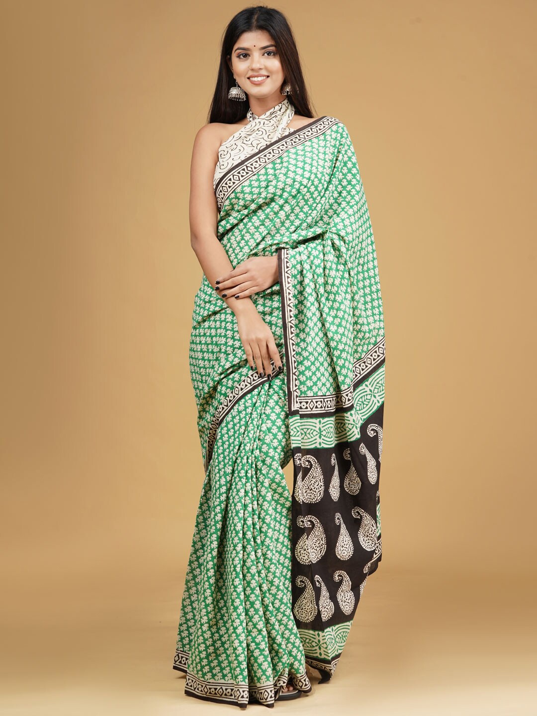 KALINI Ethnic Motifs Printed Pure Cotton Saree, Green
