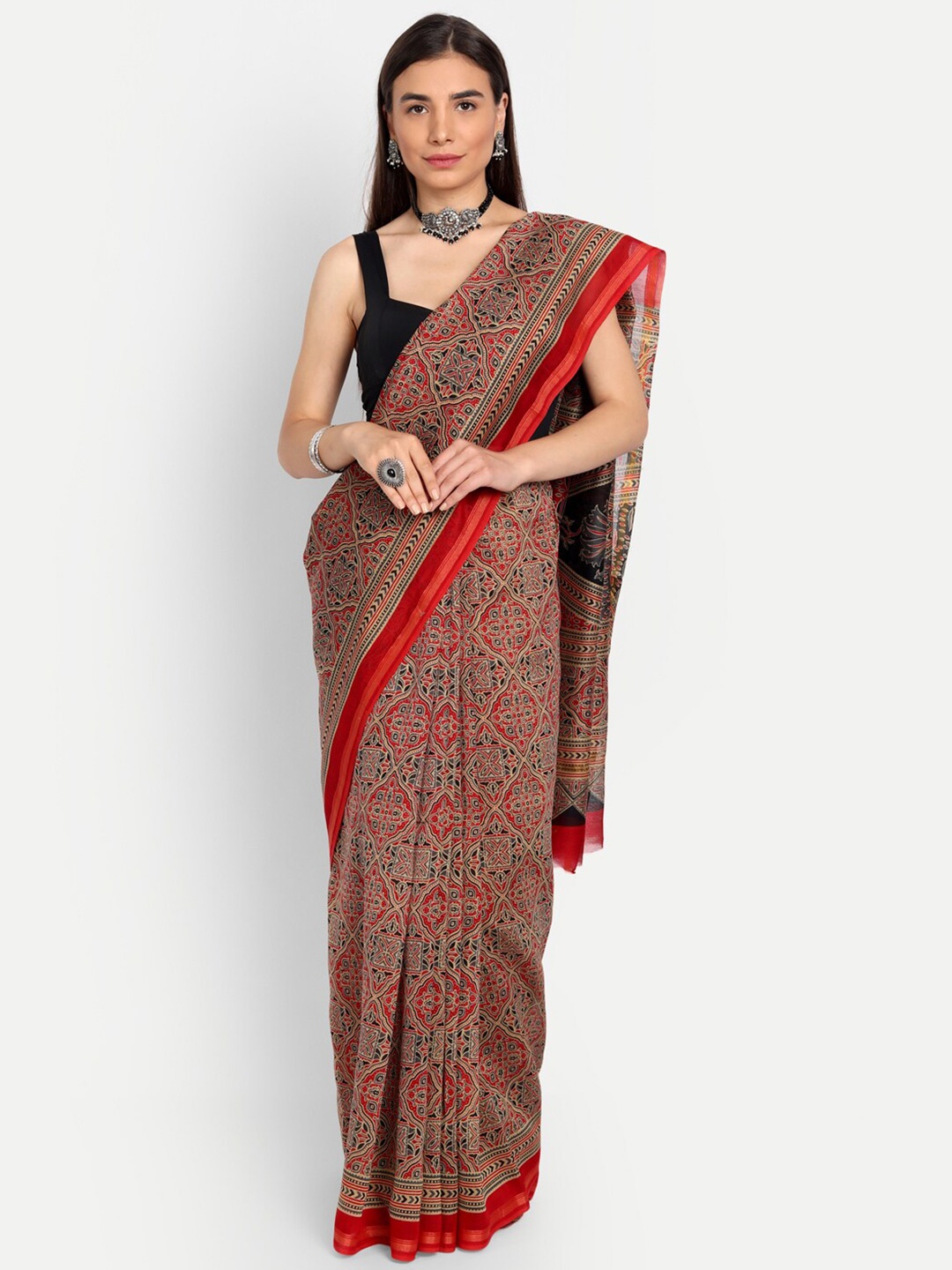 

KALINI Ethnic Motifs Printed Pure Cotton Saree, Red