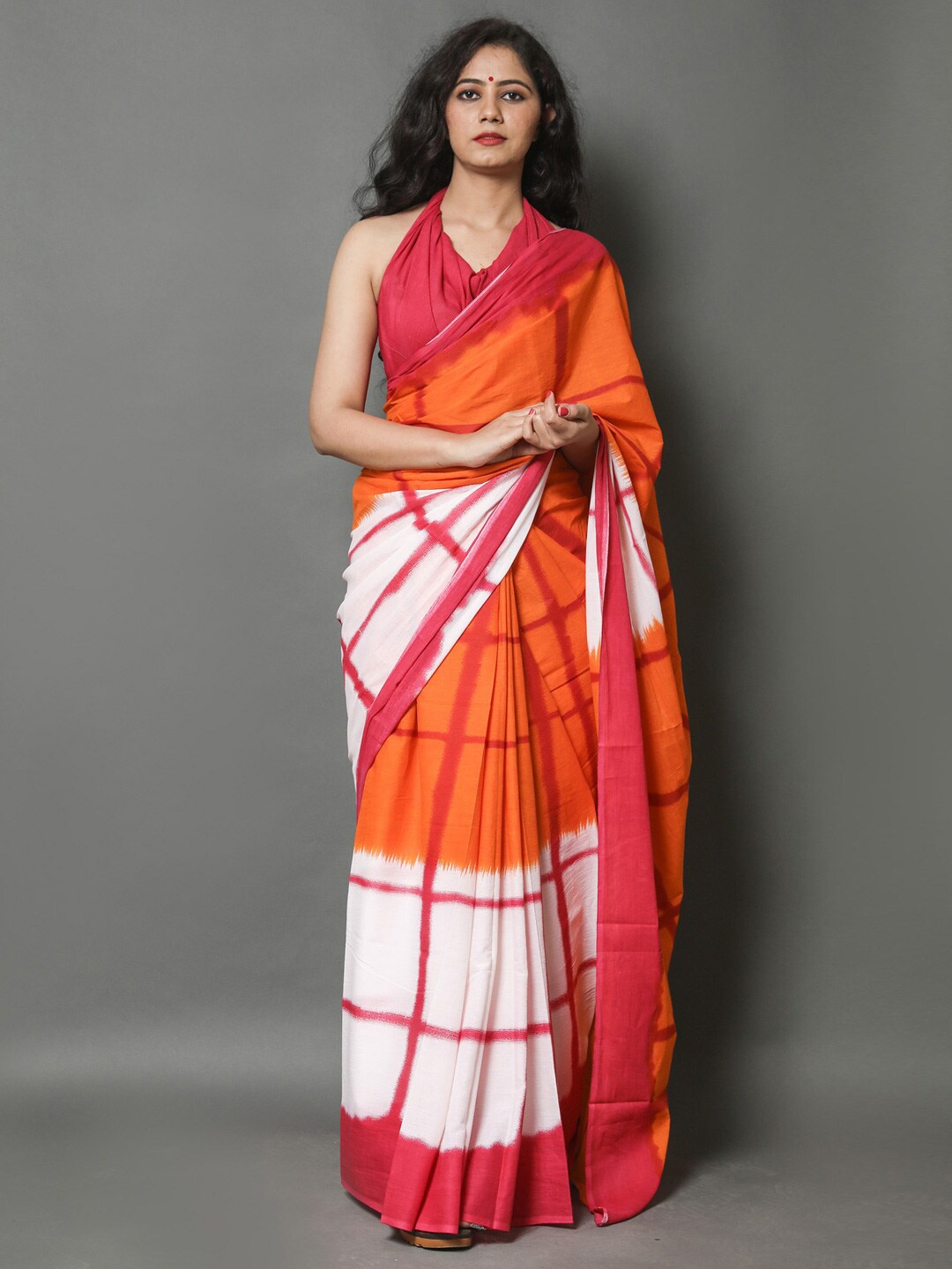 

KALINI Checked Pure Cotton Saree, Orange