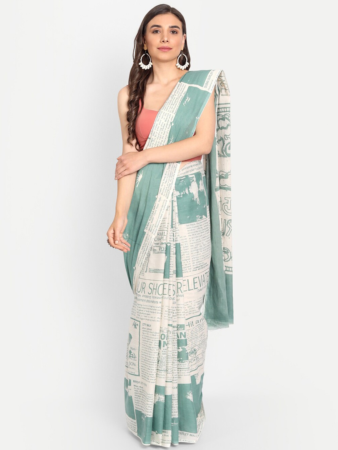 

KALINI Abstract Printed Pure Cotton Saree, Teal