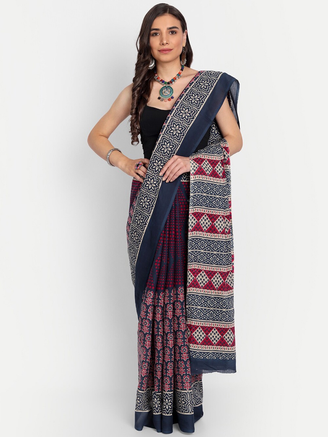 

KALINI Ethnic Motifs Printed Pure Cotton Saree, Navy blue