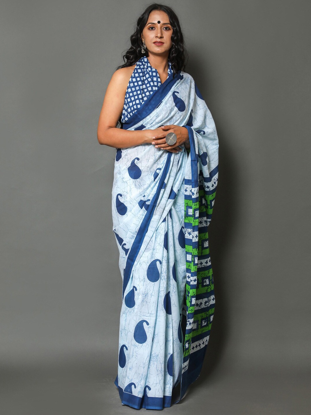 

KALINI Ethnic Motifs Printed Pure Cotton Saree, Navy blue
