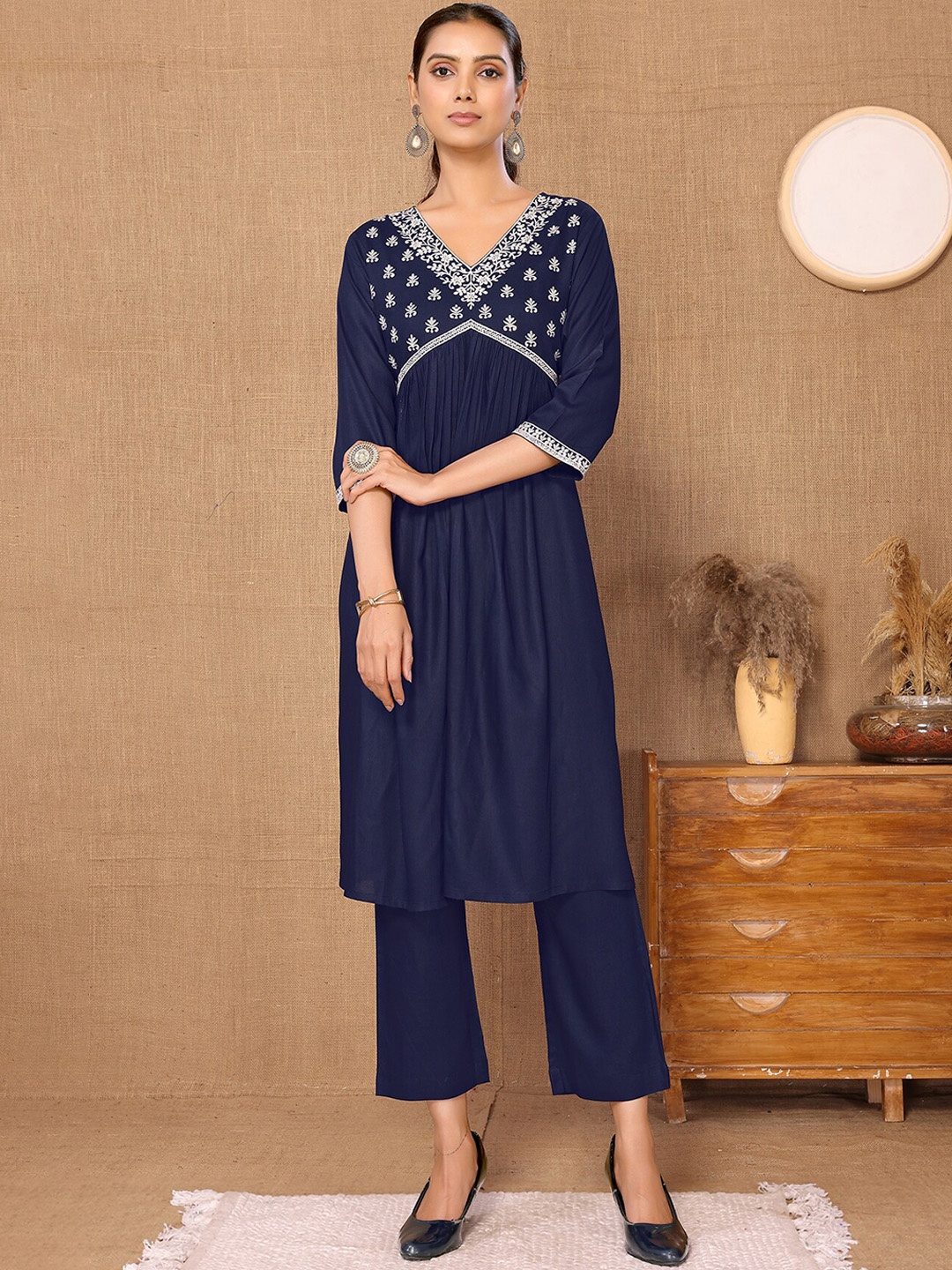 

HERE&NOW Navy Blue Ethnic Motifs Embroidered Pleated A-Line Kurta with Trousers