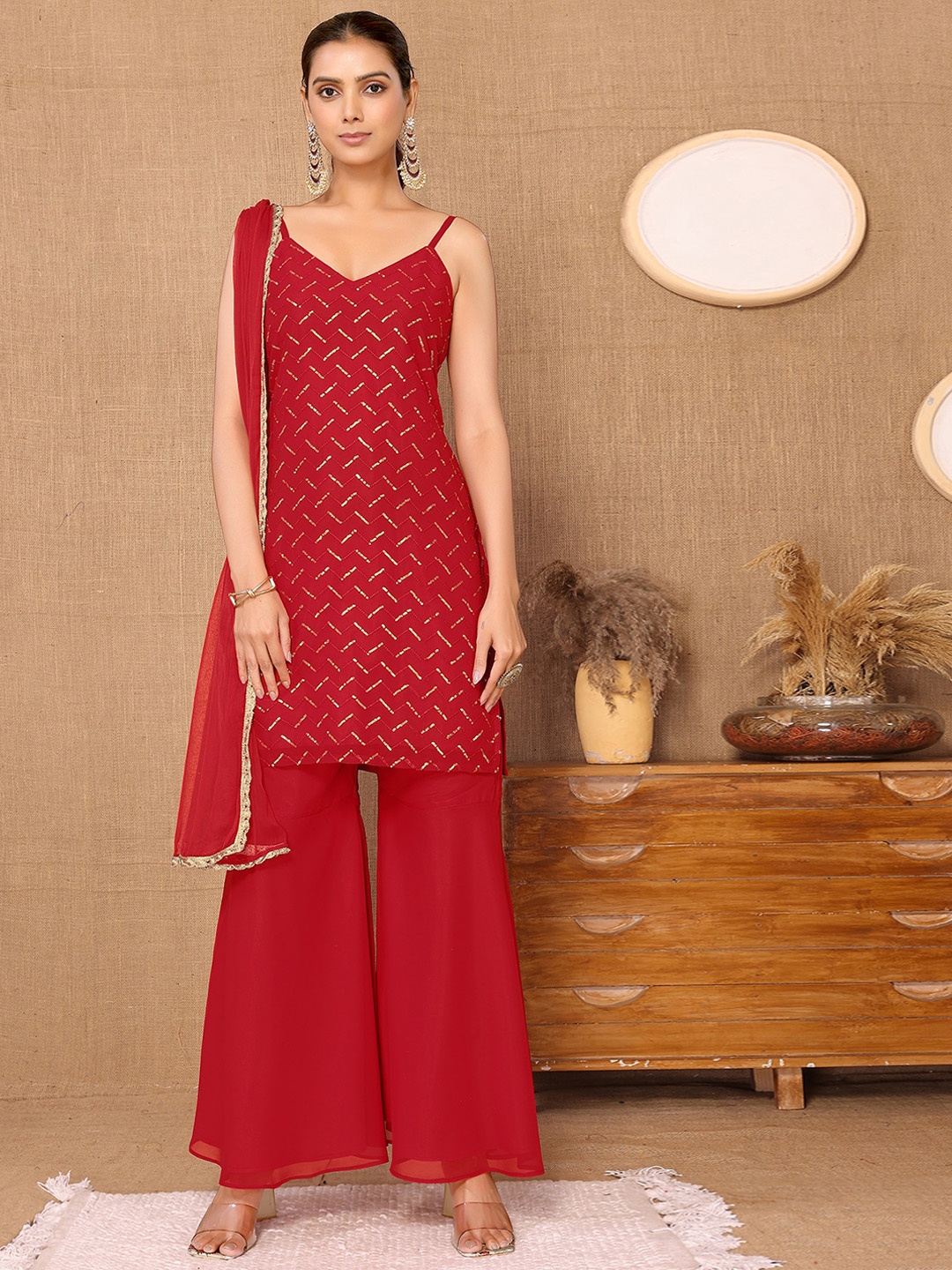 

HERE&NOW Geometric Embroidered Sequinned Shoulder Straps Kurta With Palazzos & Dupatta, Red