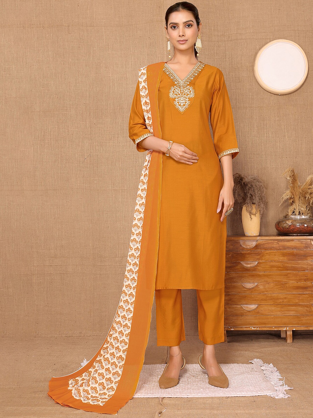 

HERE&NOW Mustard Yellow Ethnic Motifs Embroidered Sequined Kurta With Trouser & Dupatta