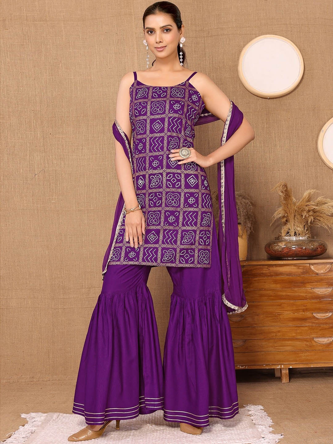 

HERE&NOW Purple Ethnic Motifs Printed Straight Kurta with Sharara & Dupatta