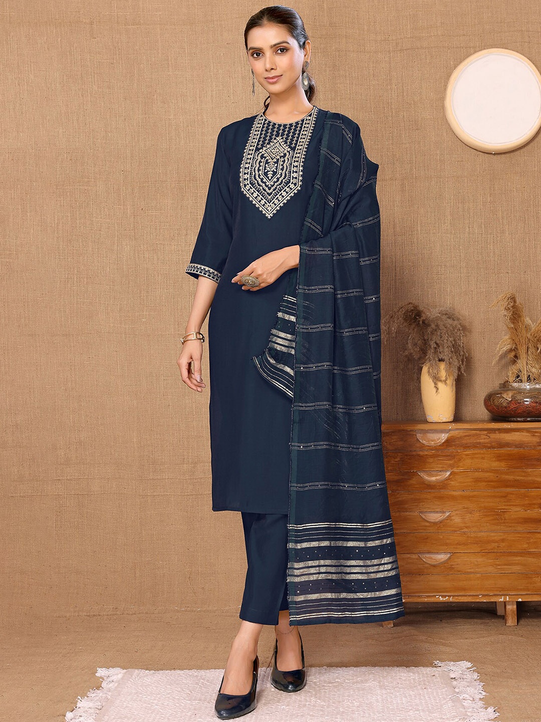 

HERE&NOW Navy Blue Ethnic Motifs Embroidered Regular Kurta with Trousers & Dupatta