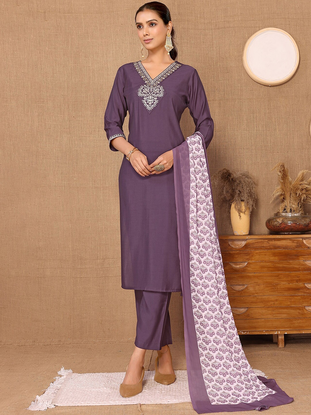 

HERE&NOW Ethnic Motifs Embroidered Zari Work V-Neck Straight Kurta With Trousers & Dupatta, Purple