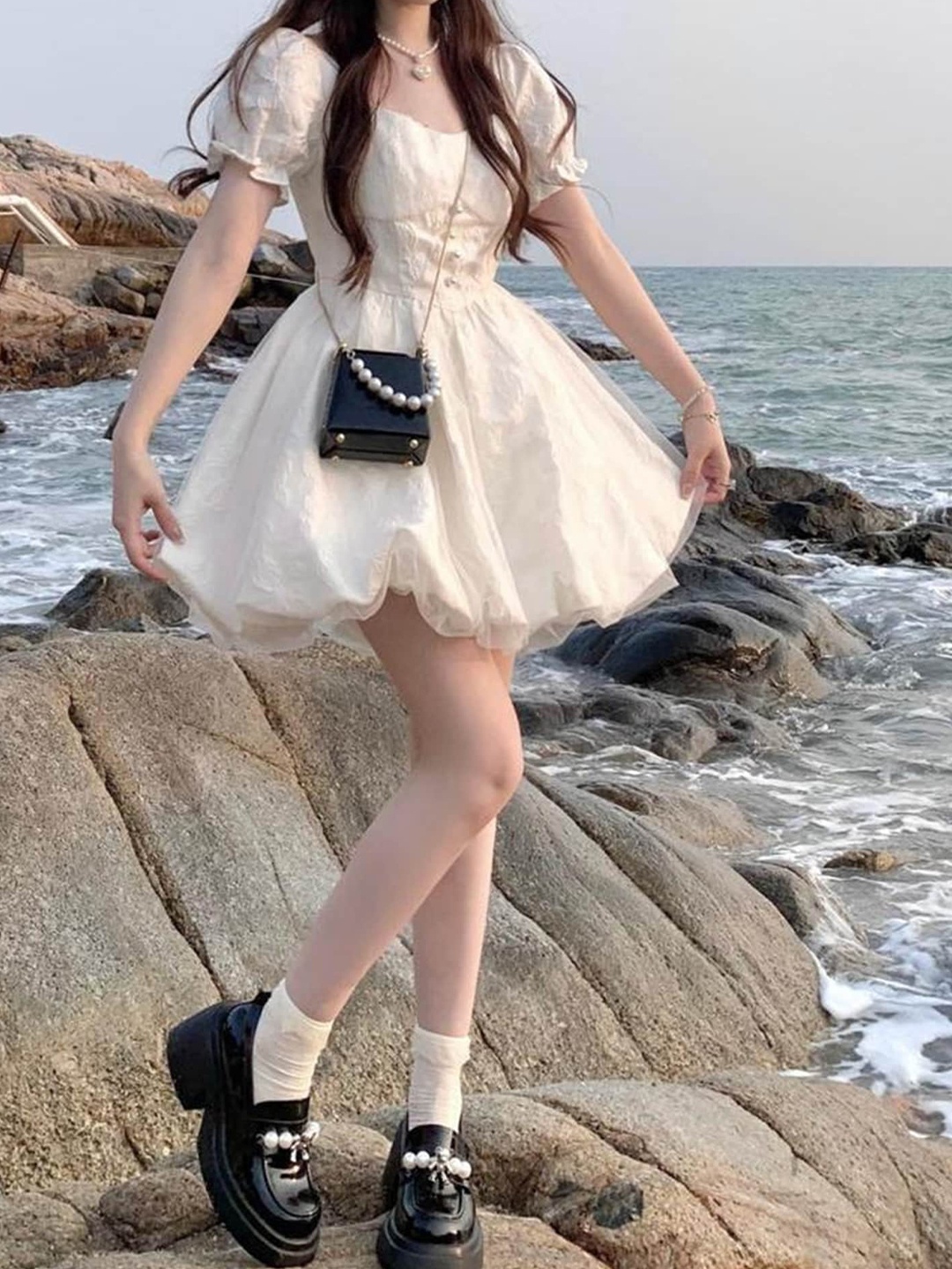 

LULU & SKY Puff Sleeve Fit & Flare Mini Dress, White