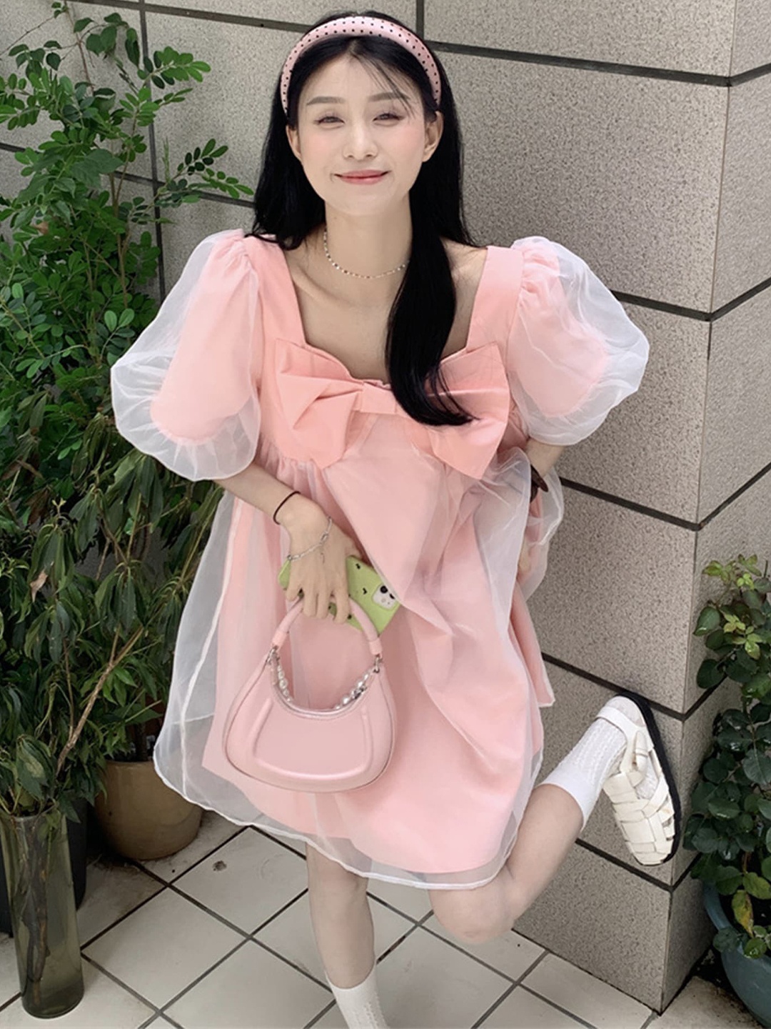 

LULU & SKY Square Neck Puff Sleeve Bow A-Line Midi Dress, Pink