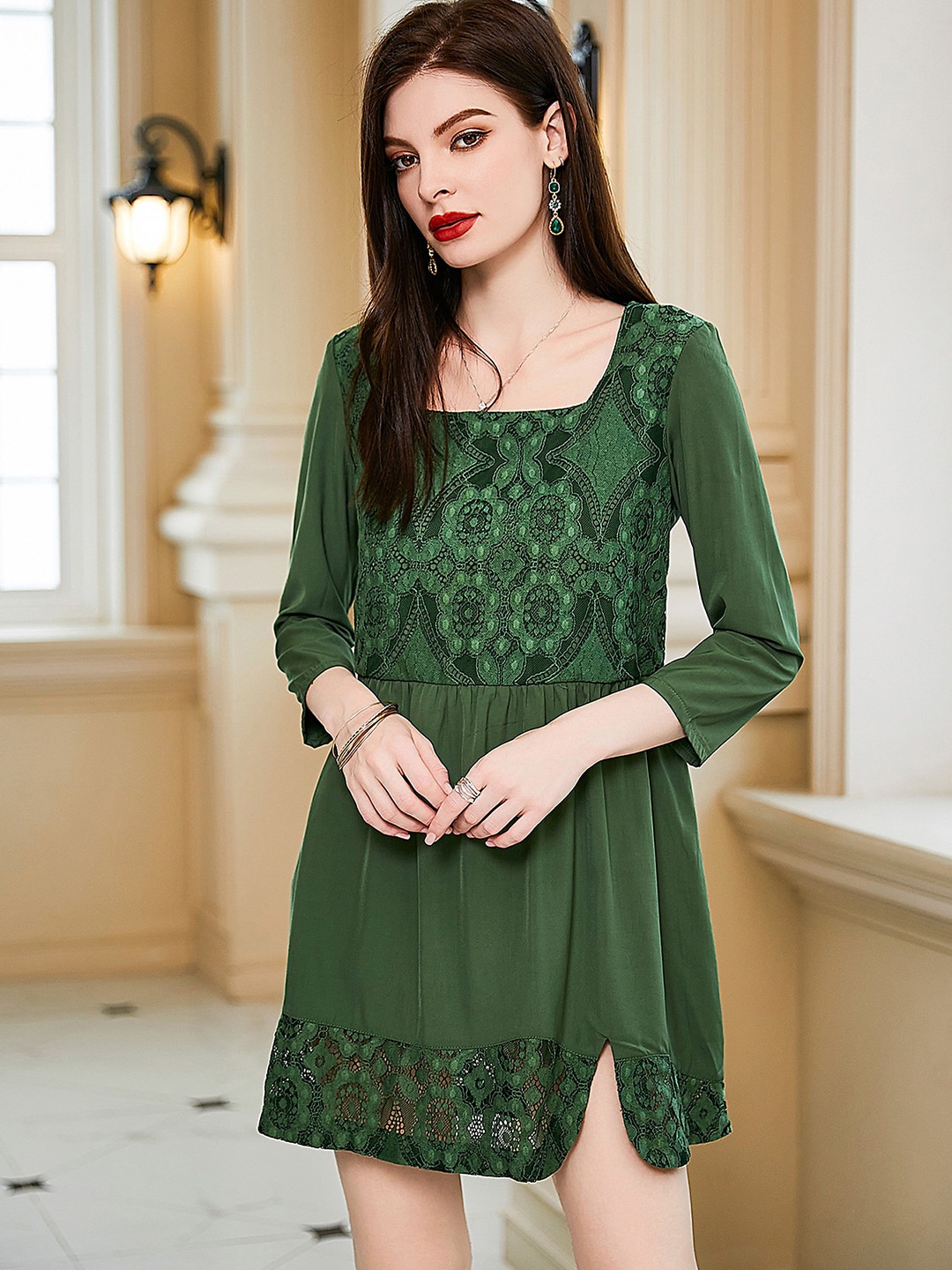 

LULU & SKY Square Neck Lace Detailed A-Line Dress, Olive