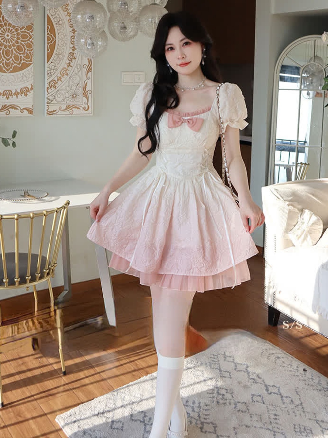 

LULU & SKY Self Design Square Neck Puff Sleeves Bow Detail Fit & Flare Dress, Pink