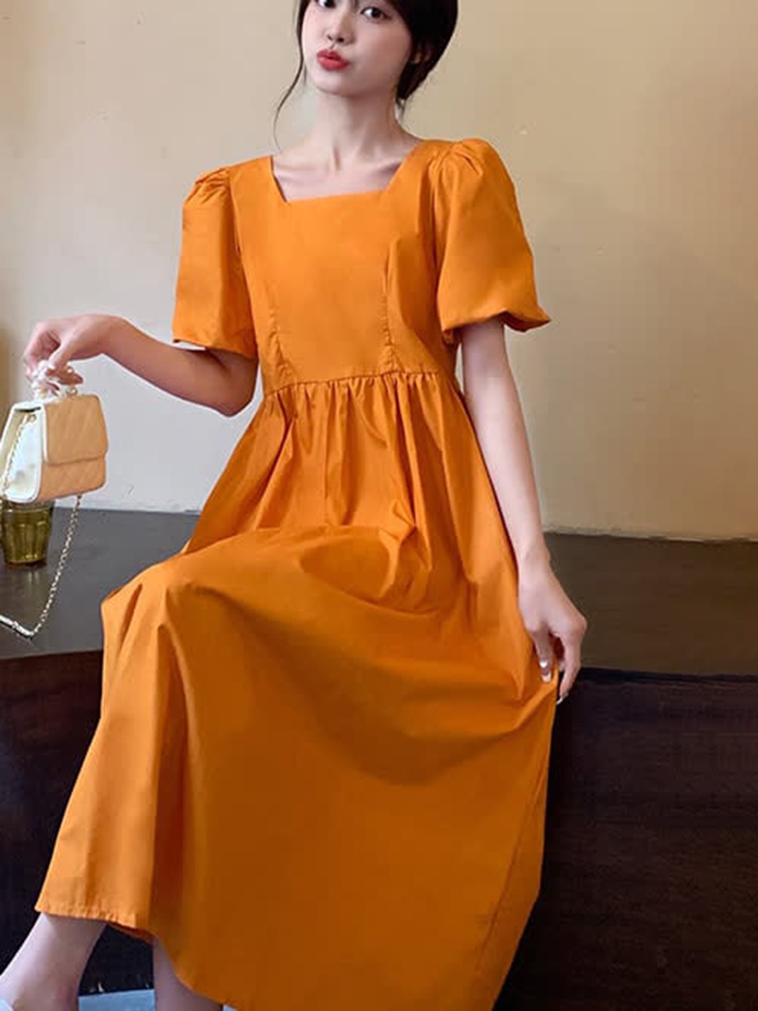

LULU & SKY Puff Sleeves Fit & Flare Dress, Orange